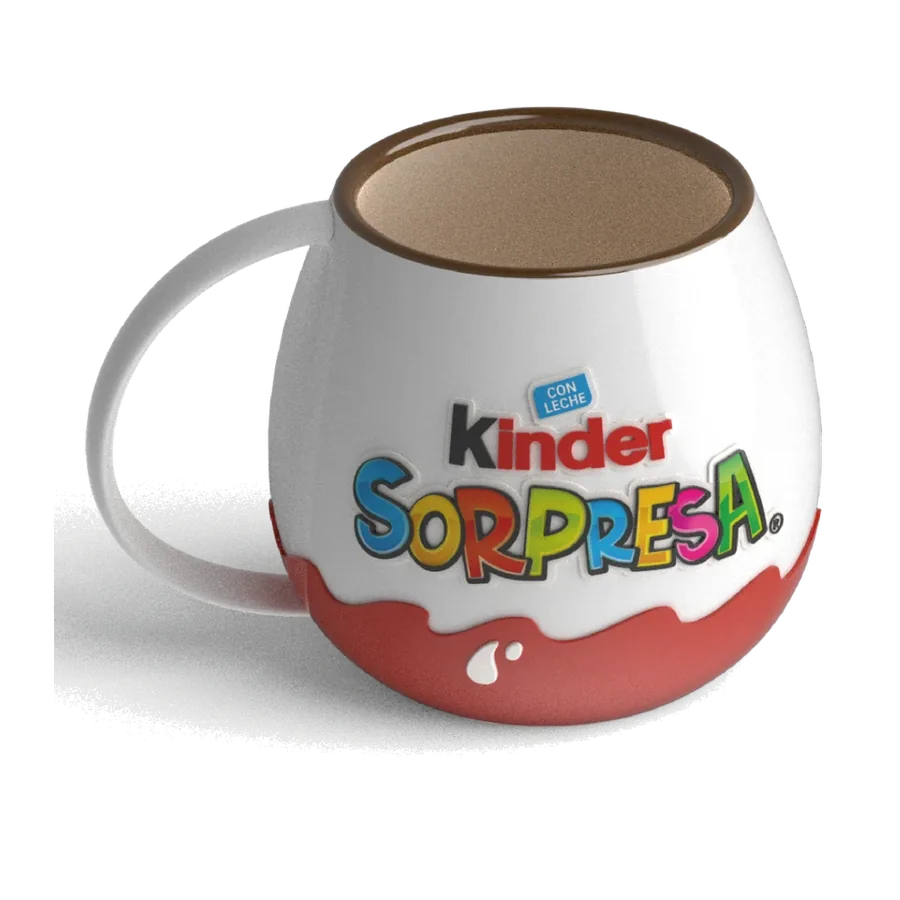 Taza de cerámica de Kinder Sorpresa, blanca arriba y roja abajo