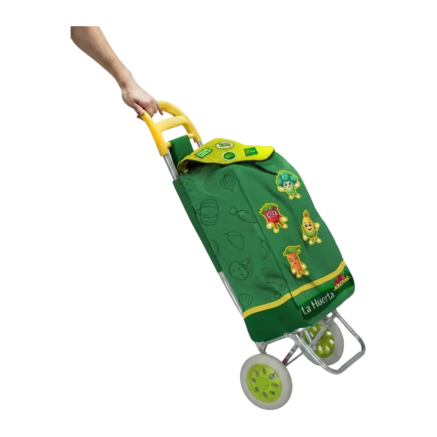 Carrito de mandado verde y amarillo de La Huerta con sus personajes