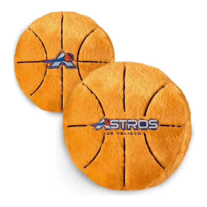 Dos cojines naranjas con forma de balón de basquetbol, uno con el escudo y otro con el nombre de los Astros de Jalisco