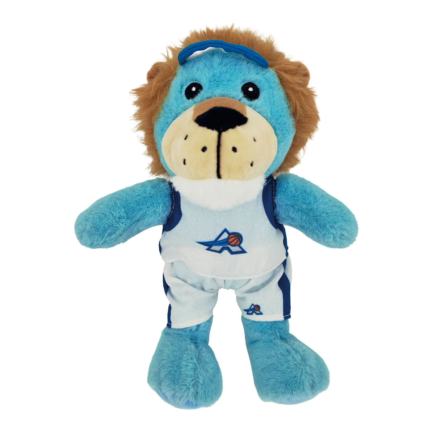 León de peluche azul con melena café y uniforme de los Astros, visto de frente
