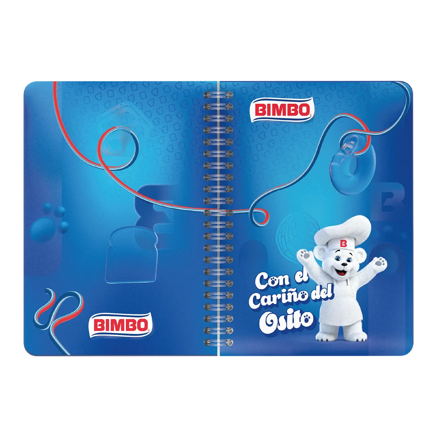La libreta abierta de par en par, con el Osito y la leyenda Con el Cariño del Osito sobre fondo azul