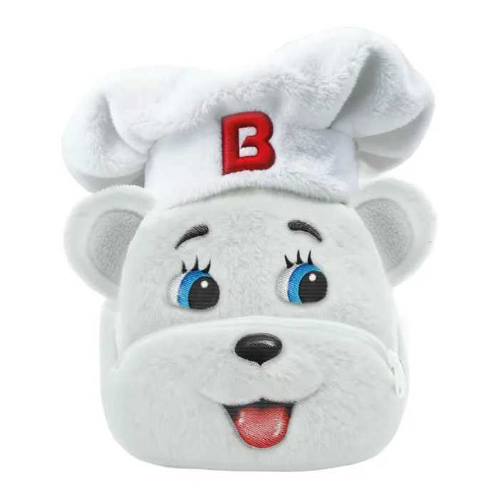 Mochila de peluche con la forma de la cabeza del Osito Bimbo, con gorro de panadero y la B roja al frente