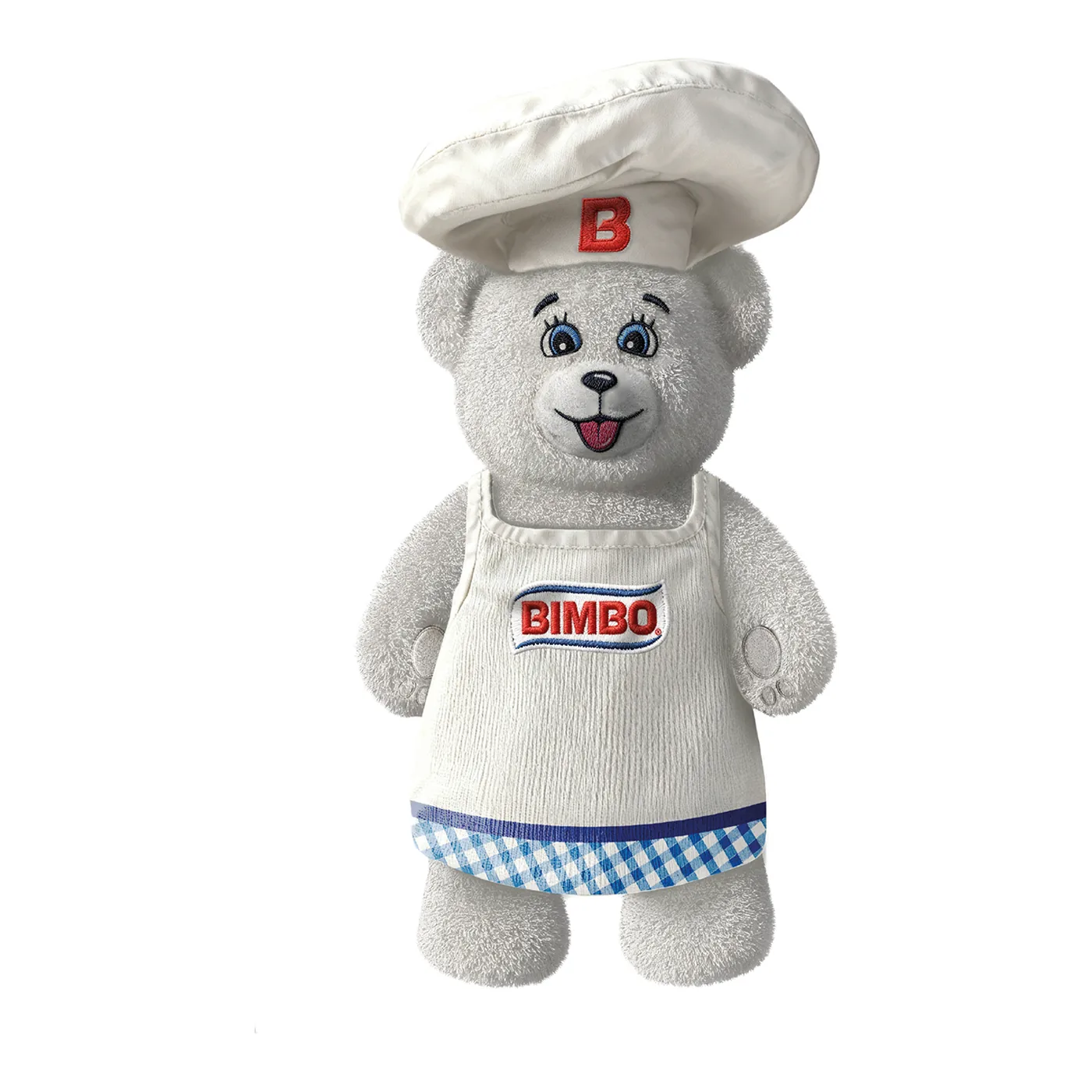 Osito de peluche gris de pie, con gorro de panadero, mandil de Bimbo y short de cuadros azules