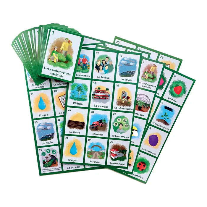 Tablas y cartas de lotería ilustradas con escenas del campo y el logotipo de Driscoll's