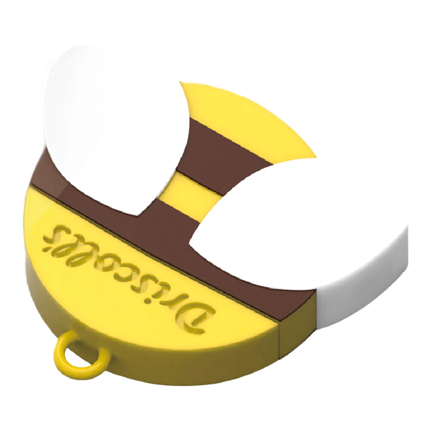 Memoria USB con forma de abeja amarilla y café, cerrada, con la firma de Driscoll's en el ala