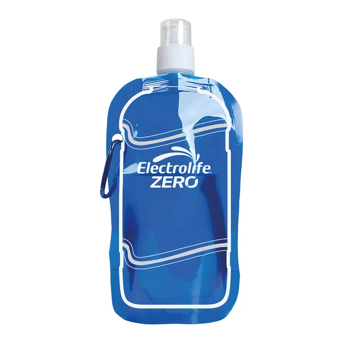 Botella plegable azul de Electrolife Zero extendida, con tapa de rosca y mosquetón