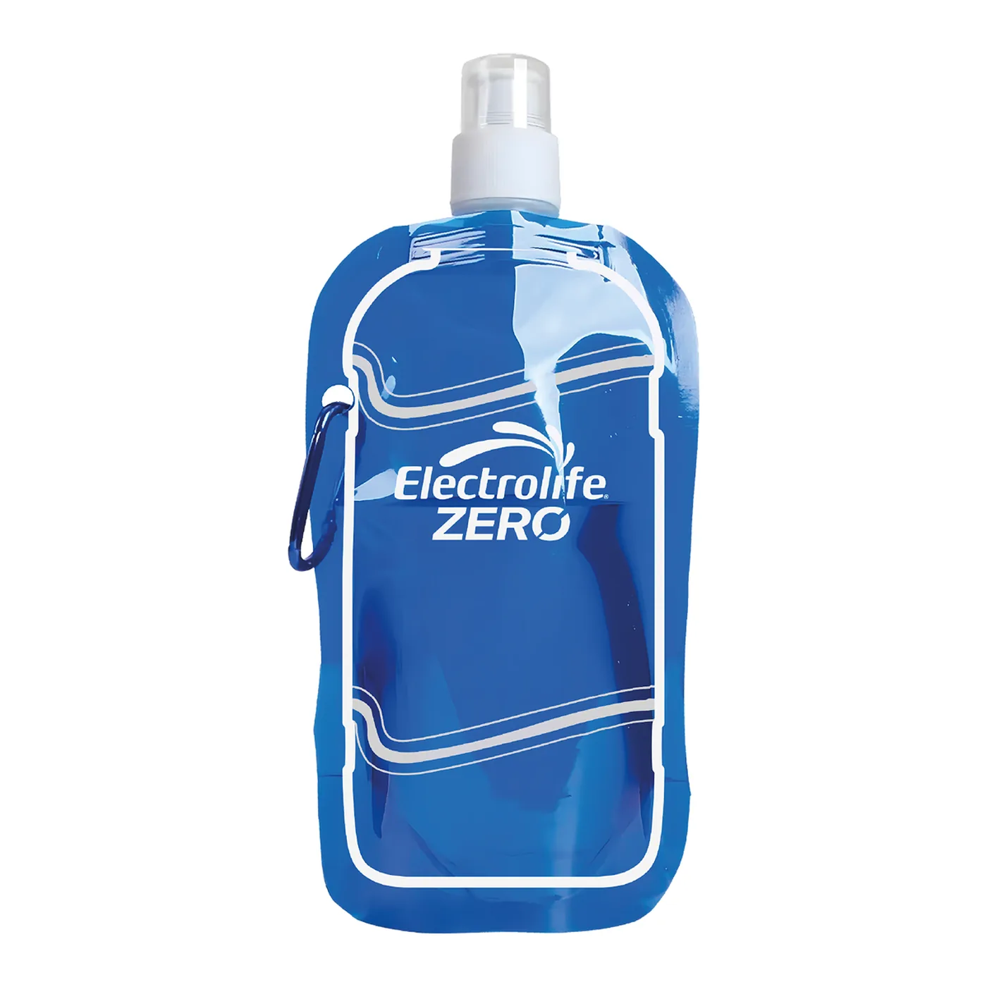 Botella plegable azul de Electrolife Zero extendida, con tapa de rosca y mosquetón