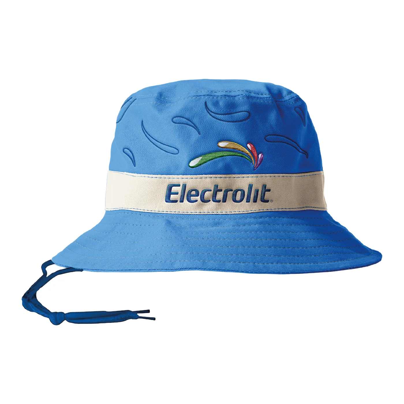Bucket hat azul claro con la banda beige de Electrolit y cordón de barbiquejo
