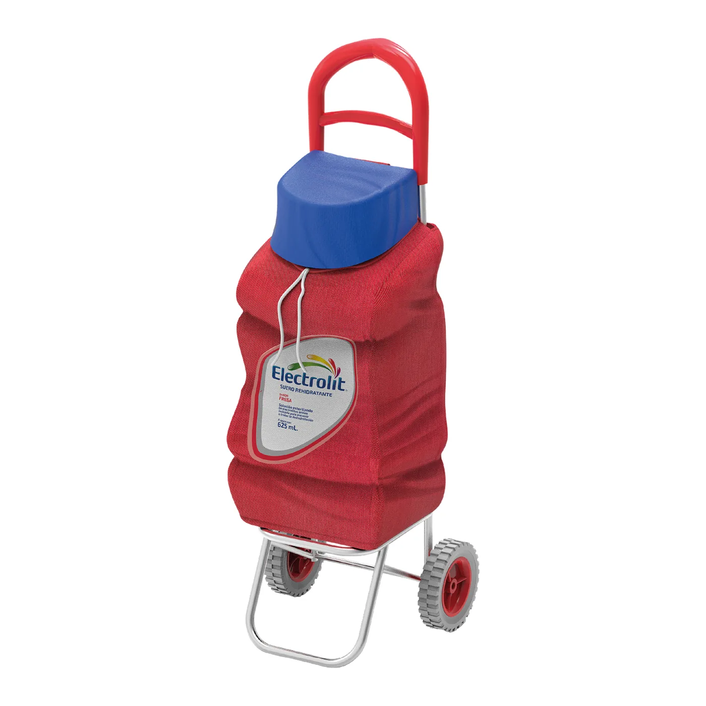 Carrito de mandado rojo con la forma de una botella de Electrolit y tapa azul