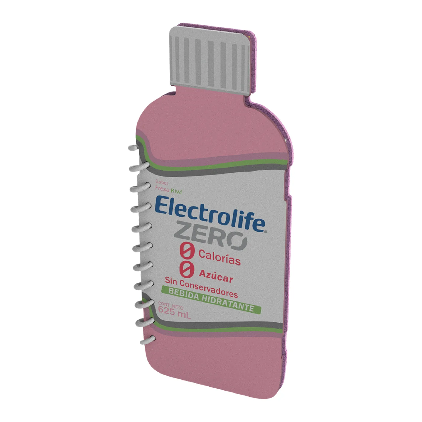 Libreta troquelada con la forma del envase de Electrolife Zero, con la etiqueta impresa en la pasta