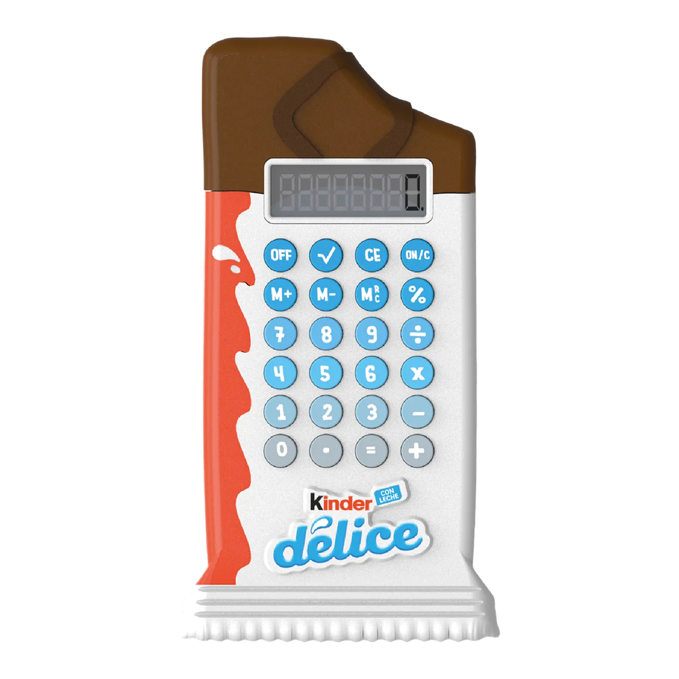 Calculadora con la forma de una barra Kinder Délice, con teclas azules y pantalla arriba