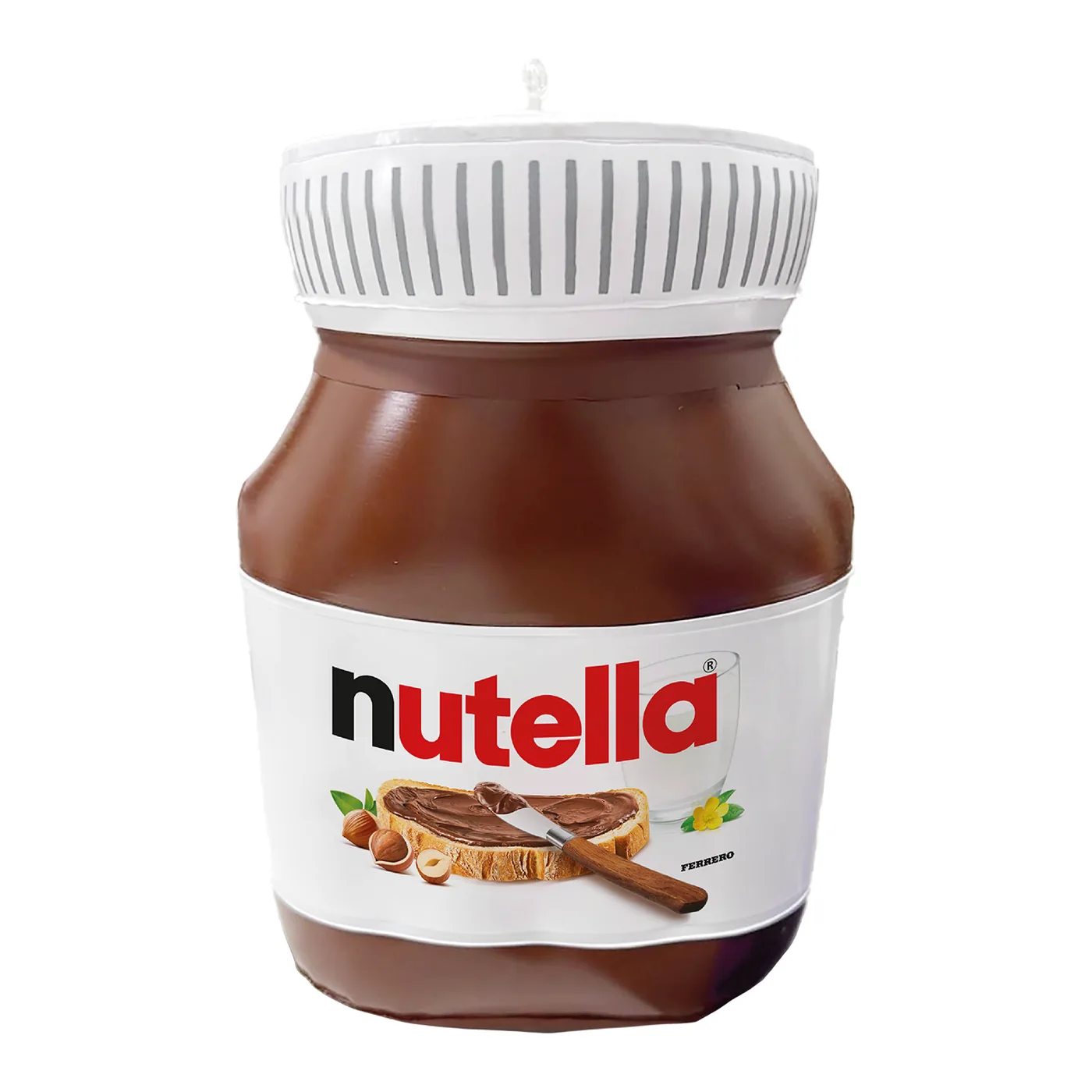 Frasco inflable de Nutella a gran escala, con su etiqueta impresa y tapón blanco