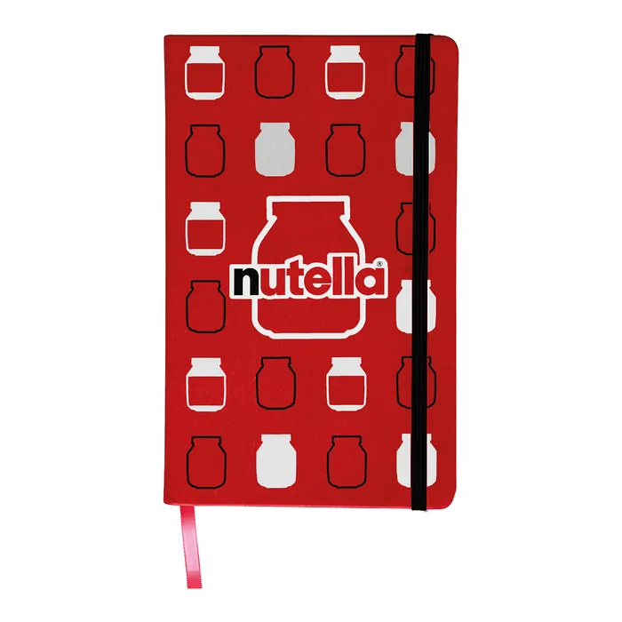 Libreta de pasta dura roja con patrón de frascos de Nutella y elástico negro