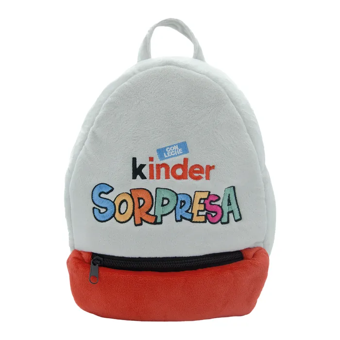Mochila de peluche con la forma de un huevo Kinder Sorpresa, blanca arriba y roja abajo
