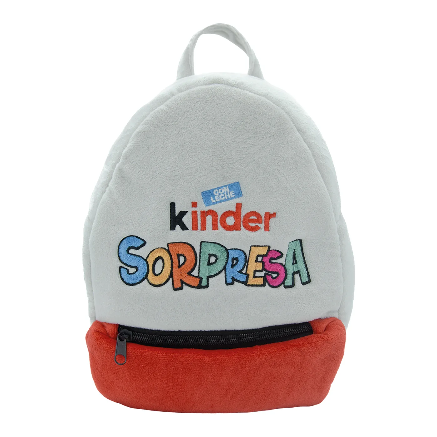 Mochila de peluche con la forma de un huevo Kinder Sorpresa, blanca arriba y roja abajo
