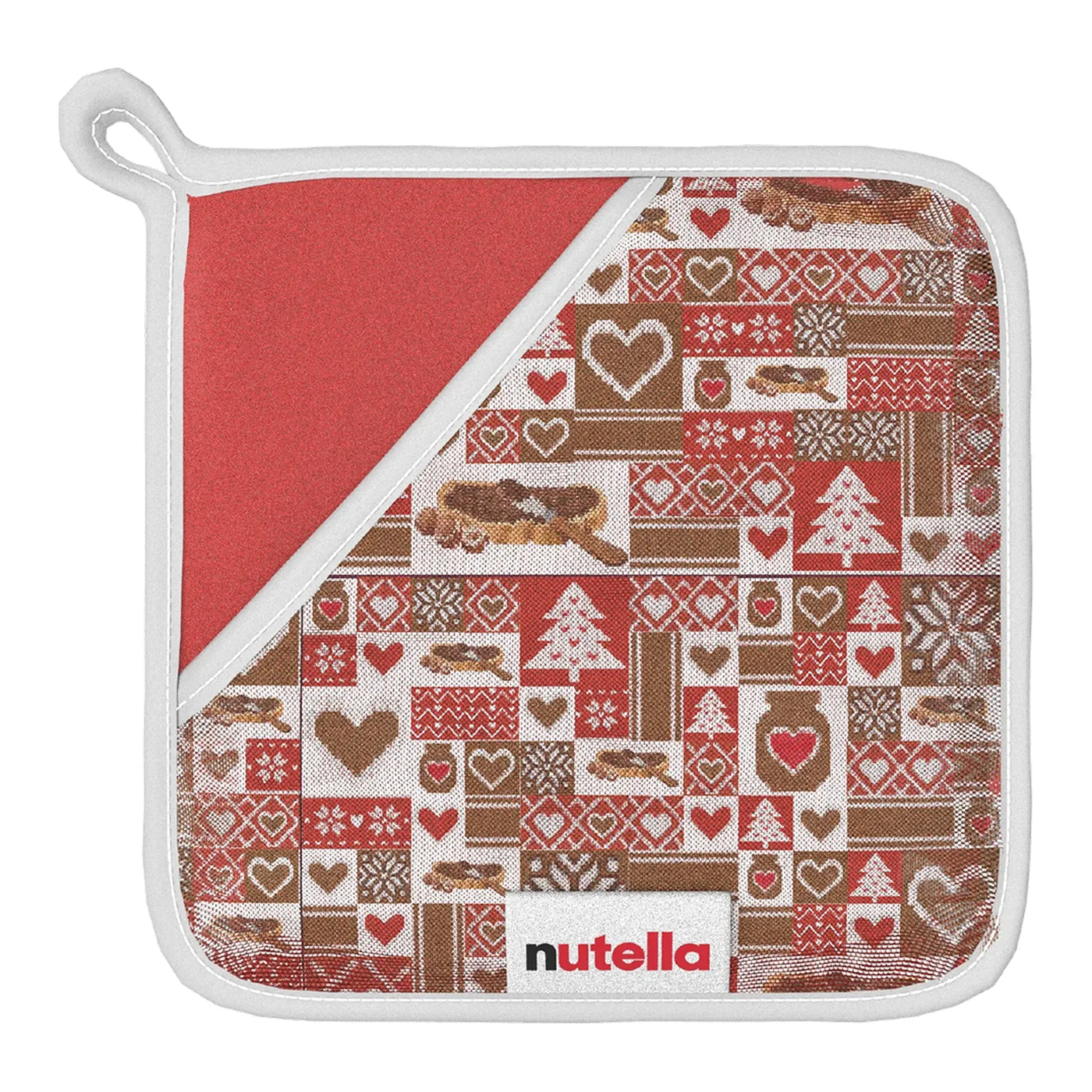 Porta caliente acolchado con patrón navideño de Nutella y una esquina roja, con argolla para colgar