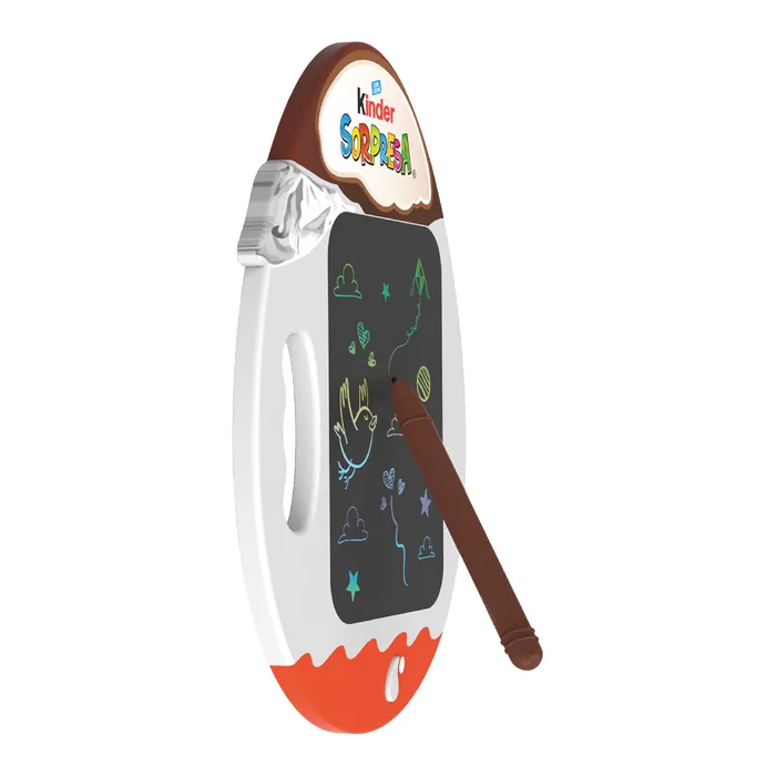 Tableta de dibujo con la forma de un huevo Kinder Sorpresa, con un dibujo en la pantalla y su lápiz