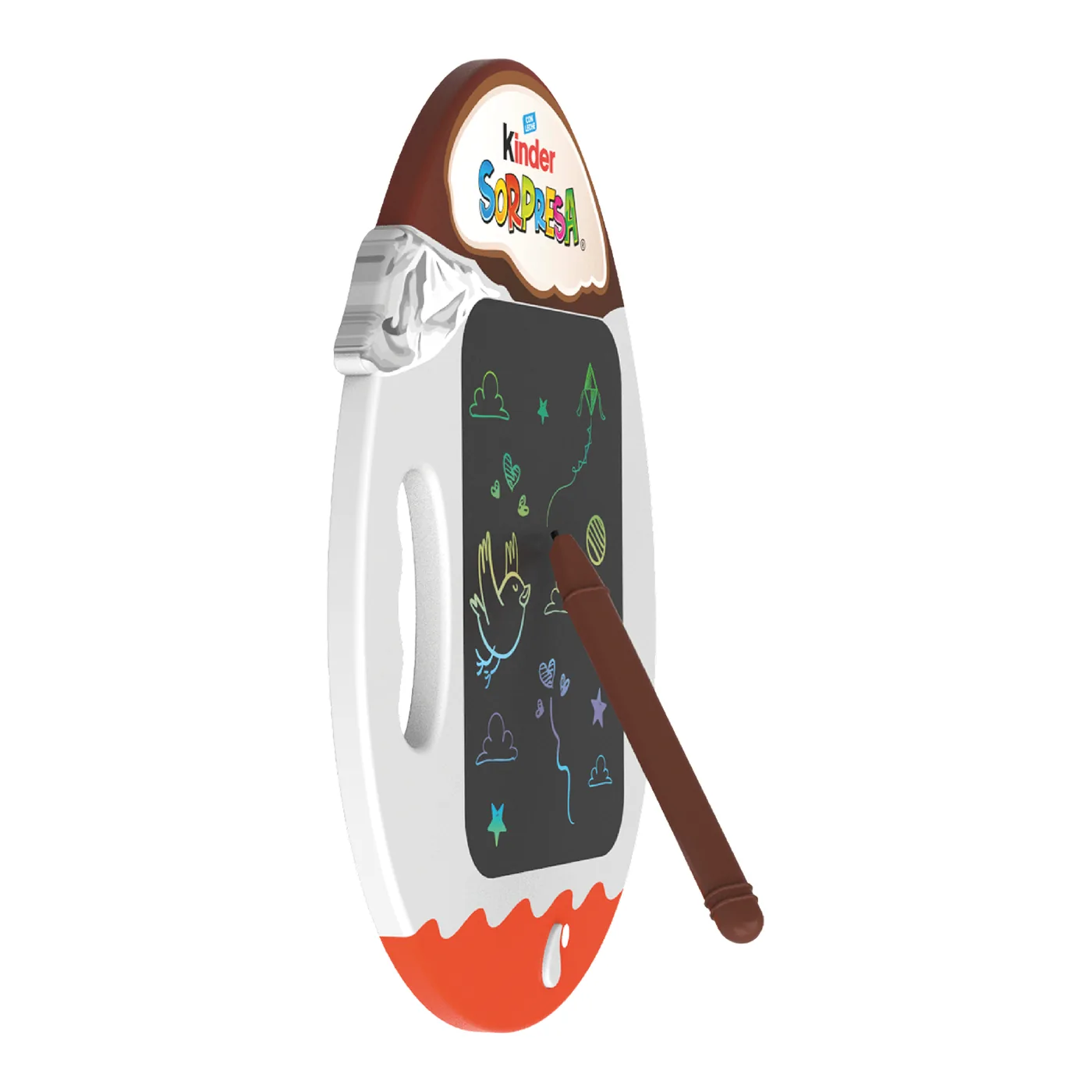 Tableta de dibujo con la forma de un huevo Kinder Sorpresa, con un dibujo en la pantalla y su lápiz