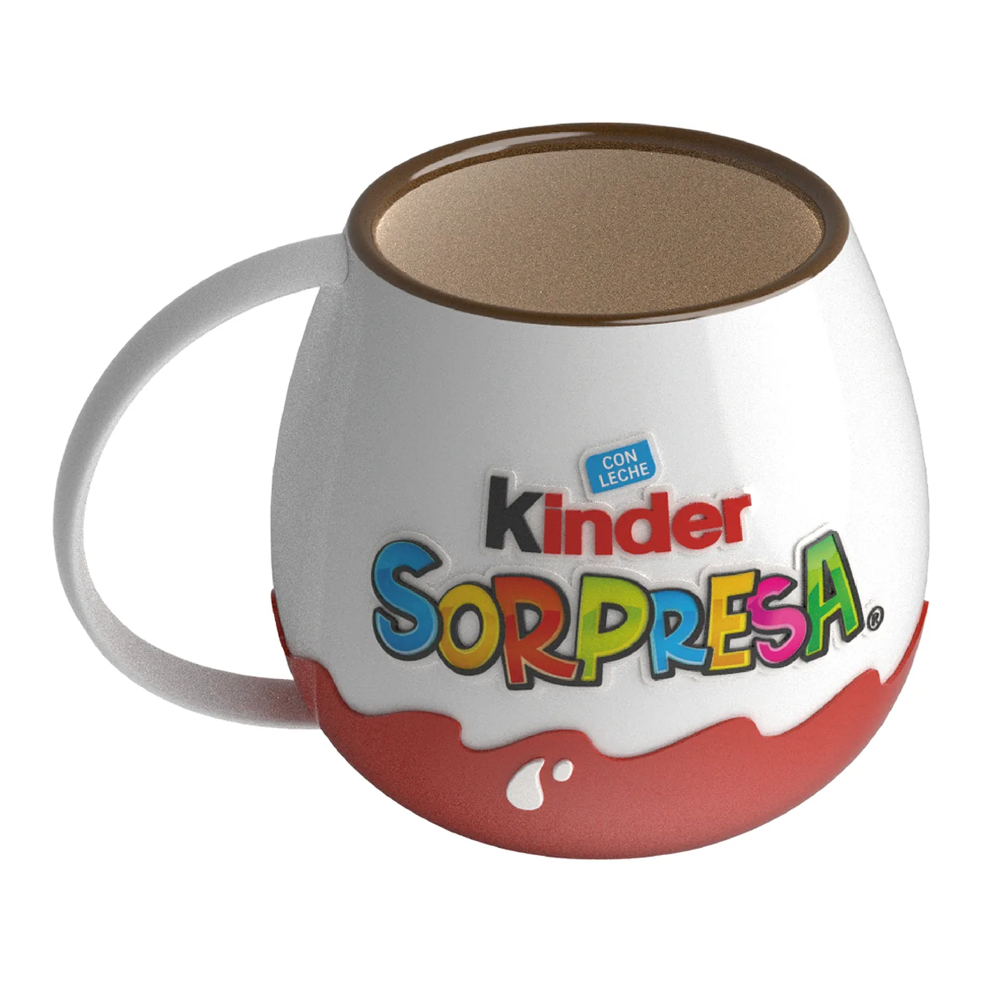 Taza de cerámica con la forma de un huevo Kinder Sorpresa, blanca arriba y roja abajo