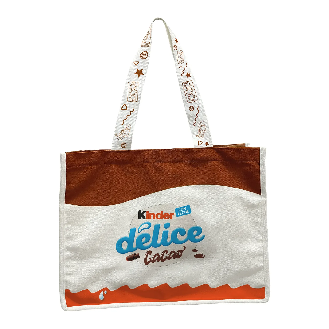 Bolsa tote color crudo con la etiqueta de Kinder Délice Cacao impresa al frente y asa estampada
