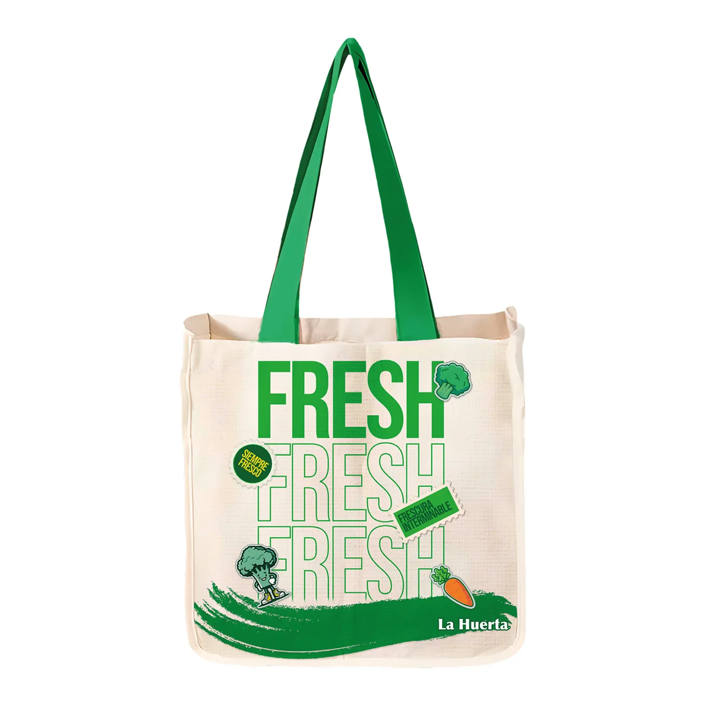 Bolsa tote de lona cruda con la palabra Fresh impresa en verde y asas verdes
