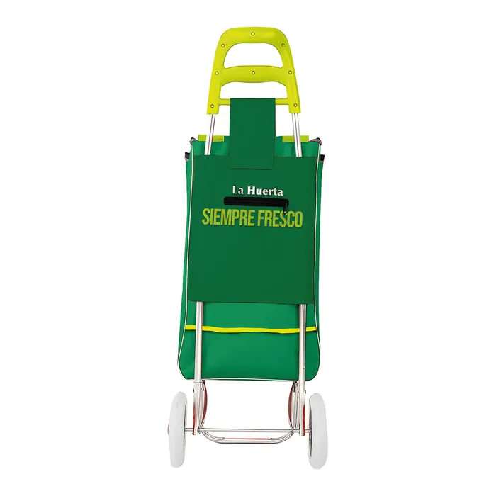 Carrito de mandado verde con la leyenda Siempre Fresco y asa amarilla