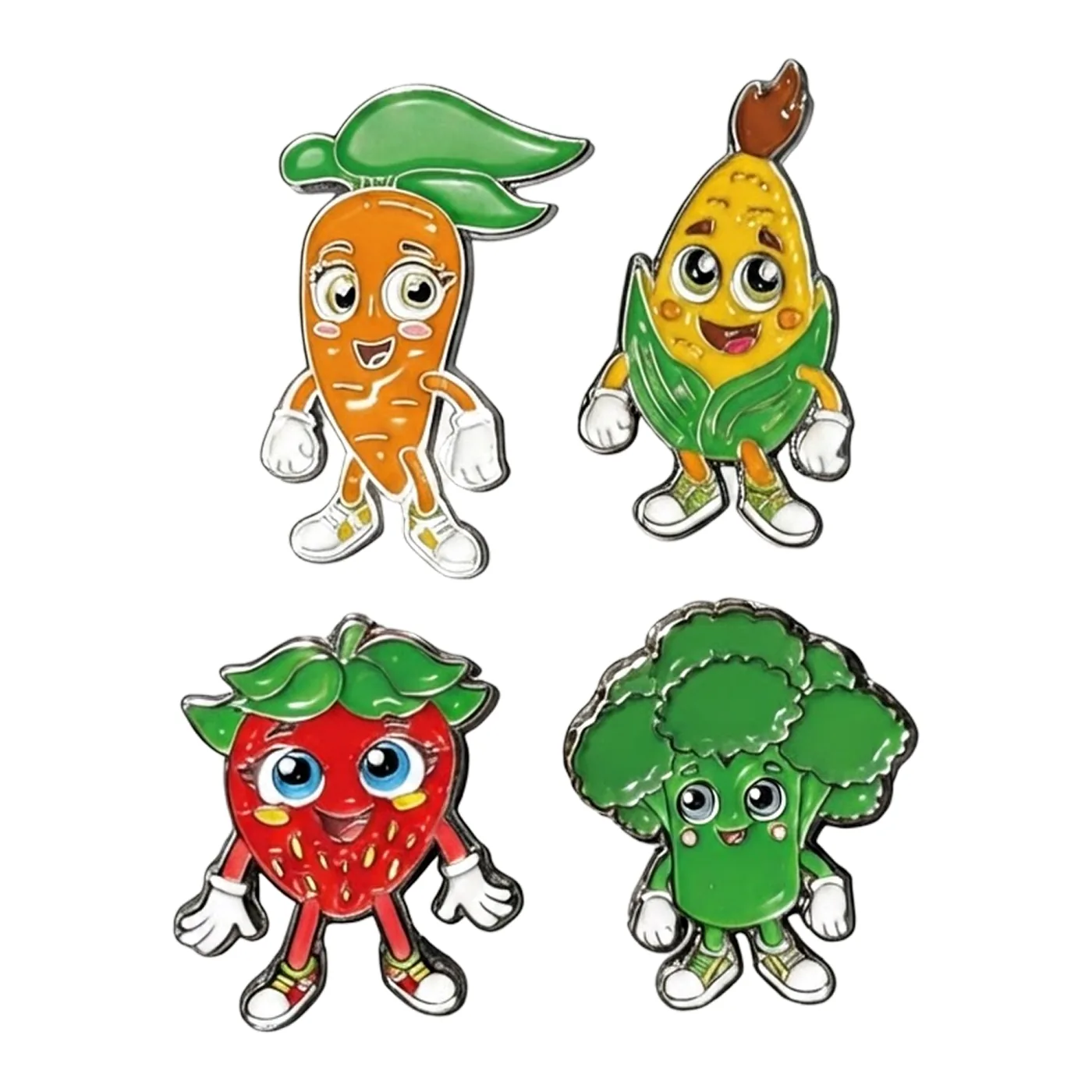 Cuatro pines esmaltados con los personajes zanahoria, elote, fresa y brócoli de La Huerta