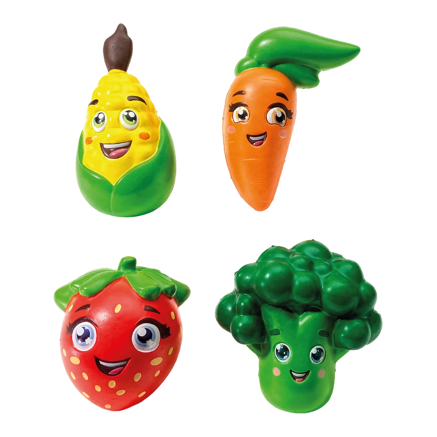 Cuatro squishies con forma de elote, zanahoria, fresa y brócoli con caras sonrientes
