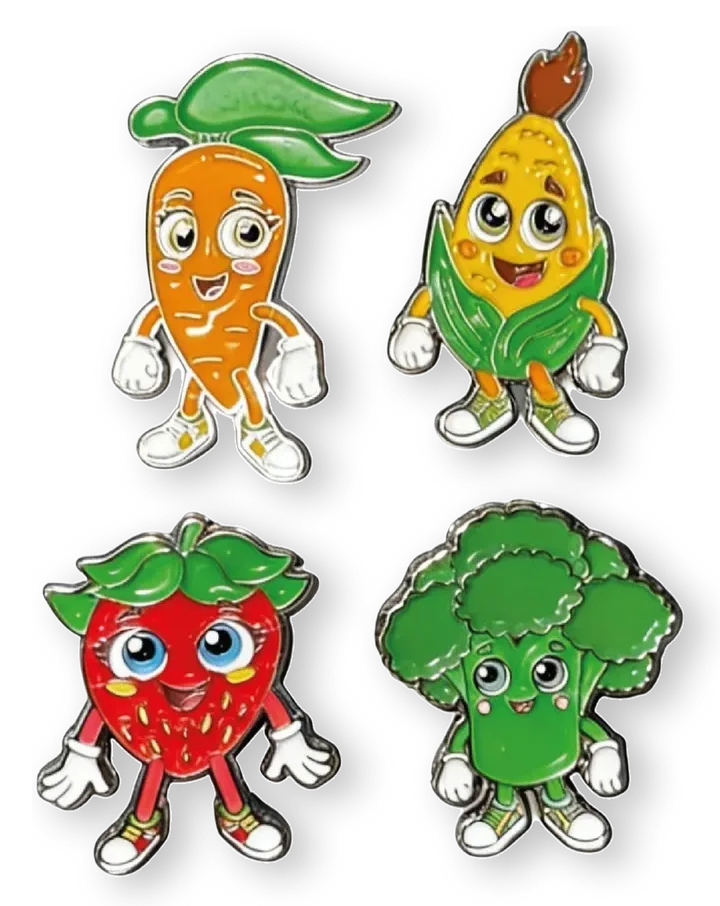 Pines esmaltados de La Huerta: zanahoria, elote, fresa y brócoli