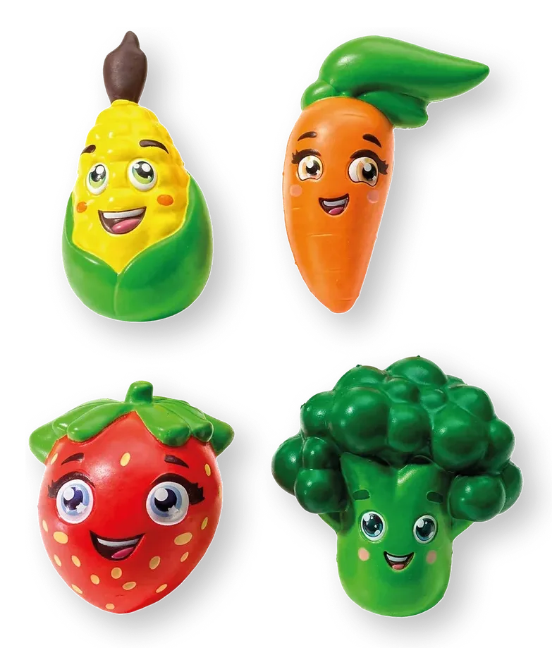 Squishies de La Huerta con forma de elote, zanahoria, fresa y brócoli