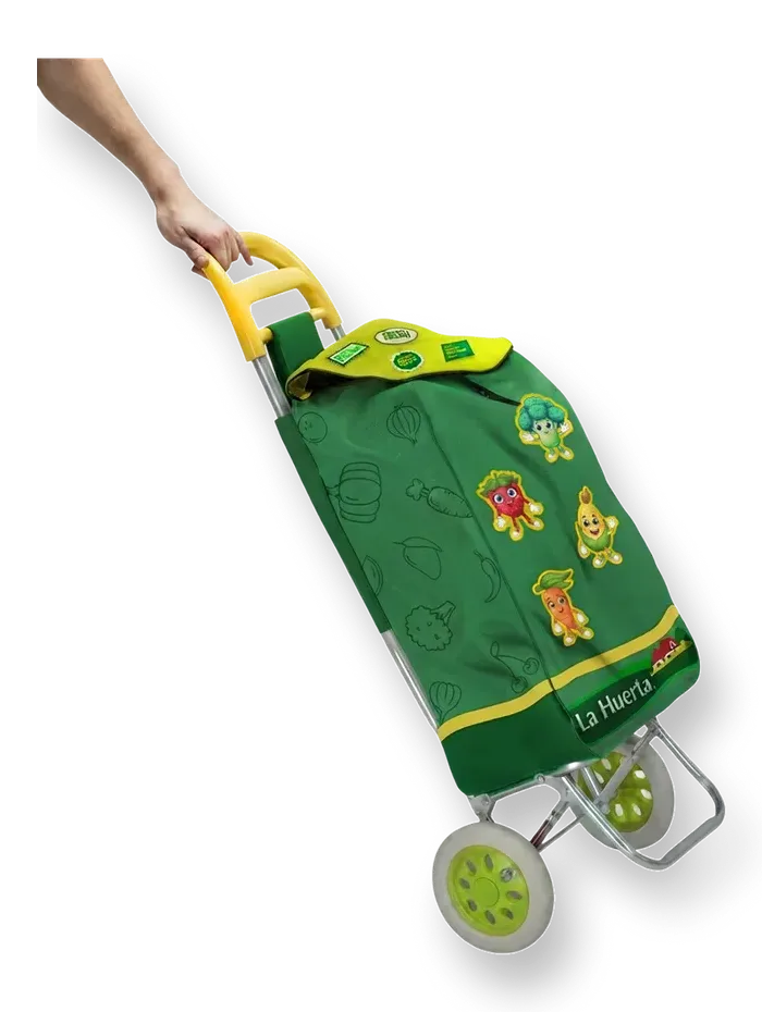 Carrito de mandado de La Huerta en verde y amarillo, con sus personajes estampados